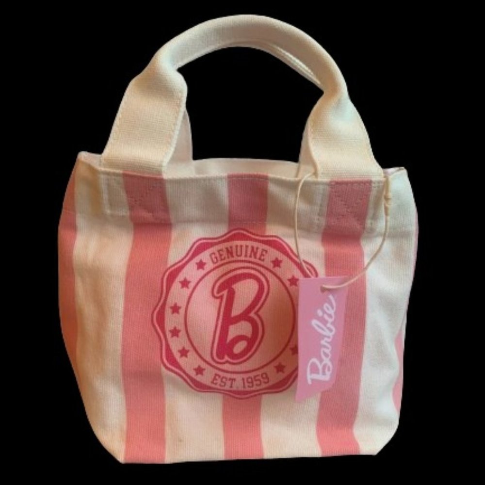 Barbie Chic: White and Pink Stripe Canvas Tote Bag - Size 9"W X 7"H X 6"D